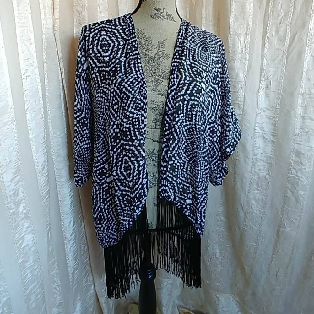 Xhilaration Black White Sheer Kimono with Fringe